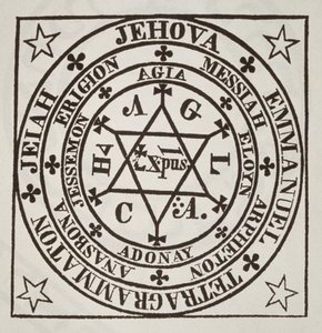 Der große magische Kreis von Agrippa zur Beschwörung von Dämonen, Kopie einer Illustration aus Les Oevres Magiques de Henri Corneille Agrippa, Rom 1744, verwendet in einer Geschichte der Magie, veröffentlicht im späten 19. Jahrhundert von Italian School