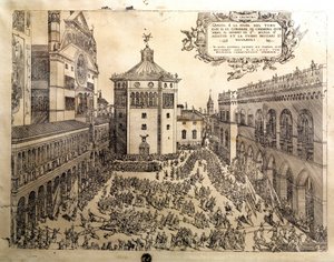 Das Stierfest auf dem großen Platz von Cremona in Italien. Gravur des 16. Jahrhunderts Cremona, Museo Civico Italien von Italian School