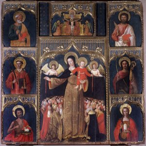Die Jungfrau mit dem Christuskind: Altarbild Unserer Lieben Frau (Unsere Liebe Frau) des Rosenkranzes. Sechs Heilige umgeben die Jungfrau: Heiliger Petrus, Heiliger Johannes der Täufer mit dem Lamm Gottes, Heiliger Bartholomäus, Heiliger Stephanus, Heilige von Italian School