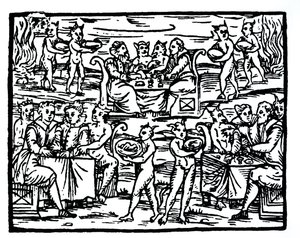 Der Hexensabbat, Kopie einer Illustration aus Compendium Maleticarum von Fr M Guaccius, Mailand 1608, verwendet in Geschichte der Magie, veröffentlicht Ende des 19. Jahrhunderts von Italian School