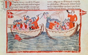 Die Schlacht von Meloria, Miniatur aus den Neuen Chroniken von Giovanni Villani, Italien, 14. Jahrhundert von Italian School