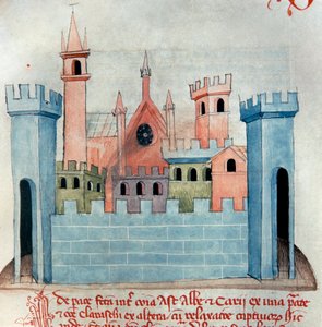Die Stadt Cherasco (Querasque) in der Provinz Coni im Piemont in Italien. Kirche und Mauer und Befestigungsturm der mittelalterlichen Stadt. Seite aus Codex Astensis oder Malabayla. Miniatur aus dem 13. Jahrhundert. Asti, Archivio Storico Comunale von Italian School