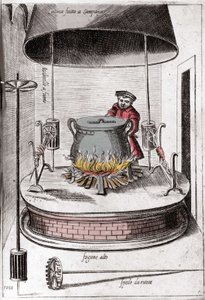Die Küche unter einer Glocke. Gravur aus „Opera“, Buch über Gastronomie in 6 Teilen, von Bartolomeo Scappi, persönlicher Koch von Papst Pius V. Venedig von Italian School
