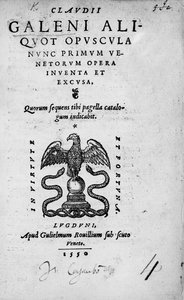 Titelseite zu Claudi Galeni Aliquot opuscula nunc primum Venetorum opera inventa et excusa, eine Sammlung von Werken von Claudius Galen, veröffentlicht 1550 (Druck)