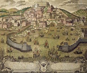 Stadt Triest und ihr Freihafen, farbige Gravur, Italien von Italian School