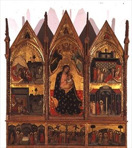 Triptychon: Madonna mit Kind auf dem Thron flankiert von Szenen aus dem Leben des St. Bartholomäus mit einer Predella-Tafel von Szenen aus dem Leben Christi, Schule der Marken