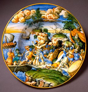 Trojanischer Krieg: Entführung der Helena. Keramikplatte, hergestellt in Urbino, Italien. Um 1550. Florenz, Museo Nazionale del Bargello von Italian School