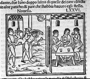 Zwei Männer tragen ein Schwein auf ihren Schultern. Illustration zur Novelle 76 (Novelle 6 des achten Tages) des „Decameron“ von Giovanni Boccaccio. Gravur in „Decamerone ouer Cento novelle“ Venedig, Bartolomeo de von Italian School