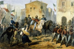 Einheit Italiens: die Expedition der Tausend oder Rothemden unter der Führung von Giuseppe Garibaldi (1807-1882). Ankunft in Messina auf Sizilien. Zeichnung Ende des 19. Jahrhunderts von Italian School