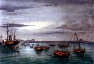 Einheit Italiens: Die Expedition der Tausend oder Rothemden unter der Führung von Giuseppe Garibaldi (1807-1882). Abfahrt der ersten Flotte der Garibaldi-Armee vom Leuchtturm von Messina in Sizilien nach Kalabrien. Lithographie aus dem 19. Jahrhundert. von Italian School