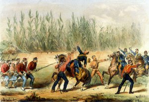 Einheit Italiens: die Expedition der Tausend oder Rothemden unter der Führung von Giuseppe Garibaldi (1807-1882). Garibaldi tötete einen Hauptmann der neapolitanischen Kavallerie in der Schlacht von Milazzo. Sizilien 19. Jahrhundert Lithographie von Italian School