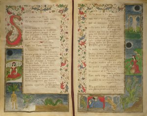 Verse und Randillustrationen, wie man den Teufel beschwört