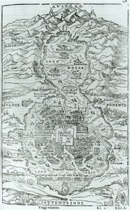 Ansicht von Norden der aztekischen Stadt Tenochtitlan, aus Relatione della Citta del Temistitan von Giovanni Battista Ramusio (1485-1557), veröffentlicht in Venedig 1606