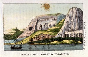 Ansicht des Tempels von Abu Simbel. Der Autor Giovanni Battista (Gianbattista) Belzoni (1778-1823), ist ein italienischer Entdecker und Archäologe, hat wichtige archäologische Entdeckungen in Ägypten gemacht. Gravur - in „Viaggio in Egitto e in Nubia“ von  von Italian School