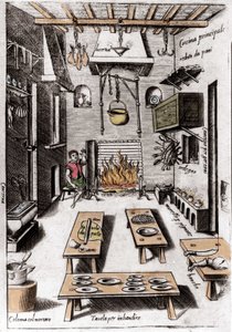 Ansicht einer Küche. Gravur aus „Opera“, einem Buch über Gastronomie, aufgeteilt in 6 Teile, von Bartolomeo Scappi, persönlicher Koch von Papst Pius V. Venedig von Italian School