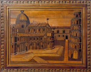 Ansicht der Kathedrale von Pisa (Duomo di Santa Maria Assunta di Pisa) und des Schiefen Turms (Torre Pendente) auf der Piazza dei Miracoli. Intarsienarbeit des 15. Jahrhunderts. Aufbewahrt im Presbyterium der Kathedrale, Pisa von Italian School