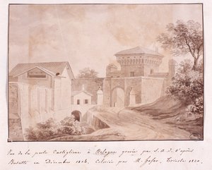 Ansicht des Tores von Castiglione in Bologna, graviert von S.A.I. nach Busatti, Dezember 1814