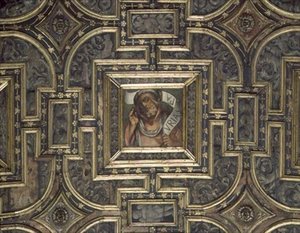 Ansicht der getäfelten Decke mit bemalten Paneelen von Pier Maria Pennacchi (1464-1514/15) von Italian School