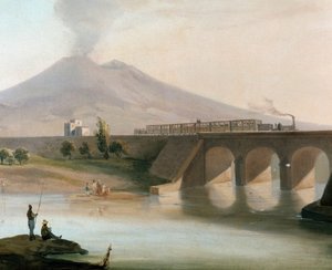 Ansicht der Eisenbahnstrecke zwischen Torre Annunziata und Nocera in der Region Neapel, eingeweiht 1844, der Vesuv ist im Hintergrund sichtbar von Italian School