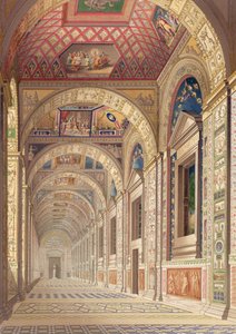 Ansicht der Loggia im zweiten Stockwerk im Vatikan, mit Dekoration von Raphael, aus Delle Loggie di Rafaele nel Vaticano, veröffentlicht als lose Blätter in der Ausgabe von 1814 (handkolorierter Stich)