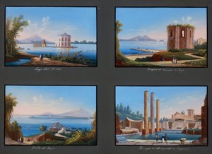 Ansichten der Phlegräischen Felder: Fusaro-See, Venus-Tempel in Baja, Baja-Golf, Serapis-Tempel in Pozzuoli