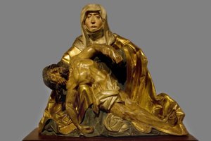 Jungfrau der Barmherzigkeit zu Christus, der um 1510-1520 starb, Region Südtirol, Skulptur der Predelle in bemaltem und vergoldetem Holz, aufbewahrt im Musee Bonnat de Bayonne. Selva-Fotografie, 2008