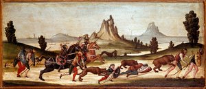 Wildjagdszene, Jäger werden von Tieren gebissen. Malerei der sienesischen Schule. 15. Jahrhundert, Florenz, Museo Nazionale del Bargello