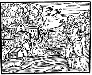 Hexen zerstören ein Haus durch Feuer, Schwaben 1533, Illustration aus Compendium Maleficarum von Francesco Maria Guazzo, 1608 von Italian School