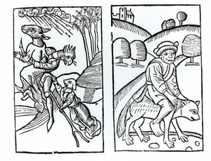 Hexen als Tiere verkleidet, die auf einem Besen reiten (links) und männliche Hexe, die auf einem Wolf reitet (rechts), Kopien von Illustrationen aus Compendium Maleticarum von Fr M Guaccius, Mailand 1608, verwendet in Geschichte der Magie von Italian School