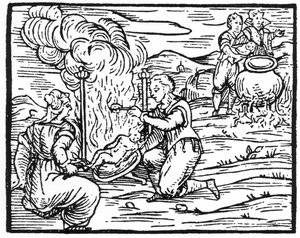 Hexen braten und kochen Säuglinge, Kopie einer Illustration aus Compendium Maleticarum von Fr M Guaccius, Mailand 1608, verwendet in Geschichte der Magie, veröffentlicht Ende des 19. Jahrhunderts