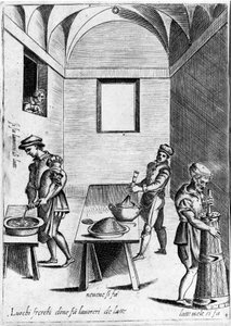 Milchverarbeitung (Milchprodukt) an einem kühlen Ort. Gravur aus „Opera“, Buch über Gastronomie in 6 Teilen, von Bartolomeo Scappi, persönlicher Koch von Papst Pius V. Venedig