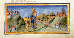 Die nackte Figur des Heiligen Franziskus erhält den Segen des Bischofs von Assisi, aus 