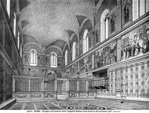 Zeichnung, die das Innere der Sixtinischen Kapelle vor der Renovierung im Jahr 1508 darstellt von Italian School Italian School