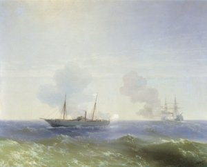 Kampf des Dampfers Vesta mit dem türkischen Schlachtschiff Fehti-Bulend im Schwarzen Meer am 11. Juli 1877
