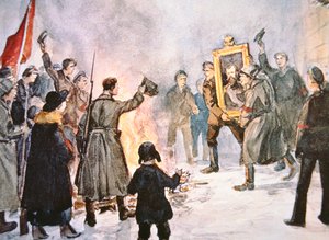 Bolschewistische Soldaten kurz davor, ein Porträt des Zaren zu verbrennen, während der Russischen Revolution 1917