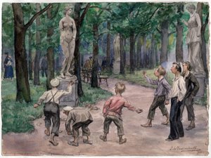 Sportwettbewerb im kaiserlichen Garten, Sankt Petersburg (Kinder werfen Steine auf eine nackte Frauenstatue) (aus der Aquarellserie Russische Revolution) von Ivan Alexeyevich Vladimirov