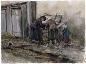 Zwei Frauen und ein Kind suchen nach Essen im Müll (aus der Aquarellserie Russische Revolution) von Ivan Alexeyevich Vladimirov