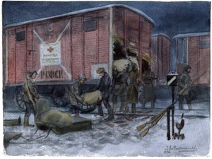 Soldaten plündern einen Eisenbahnwagen (aus der Aquarellserie Russische Revolution)