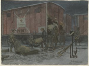 Soldaten plündern einen Eisenbahnwagen aus der Aquarellserie Russische Revolution, 1922 von Ivan Alexeyevich Vladimirov