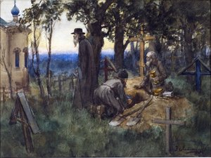 Die Geistlichen verstecken Kirchenschätze in einem neuen Grab auf einem Friedhof von Vladimirov, Ivan Alexeyevich (1869-1947)