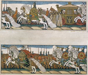 Die Armee des Zaren Dadon. Illustration für das Märchen Der goldene Hahn von Alexander Puschkin von Ivan Yakovlevich Bilibin