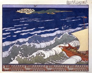 Das Boot steuert auf eine Insel zu, geführt vom Flug einer Hummel. Illustration für das "Märchen vom Zaren Saltan" von Alexander Puschkin