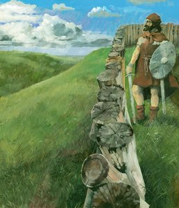 Eisenzeitlicher Mann auf Liddington Castle Hillfort, Swindon, Wiltshire, 1994 von Ivan Lapper