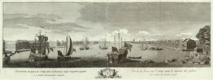 Blick auf den Fluss Newa zwischen dem Galley Yard und der Wassiljewski-Insel Buch zum 50. Jubiläum von St. Petersburg, 1753 von Ivan Petrovich Elyakov