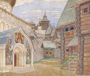 Russisches Dorf. Bühnenbild für die Oper Die Geschichte vom Zaren Saltan von N. Rimski-Korsakow von Ivan Yakovlevich Bilibin