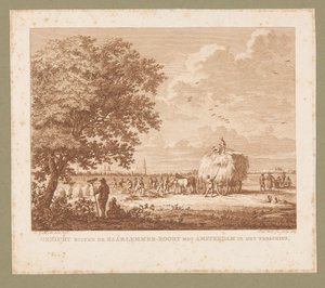 Landschaft mit heumachenden Bauern mit Amsterdam am Horizont von Izaak Jansz. de Wit
