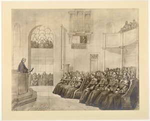 Diakonissen-Kirche, Pastor Fliedner predigt den Diakonissen in der Kapelle in Kaiserswerth, 1840 von J.B. Sonderland