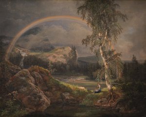 Norwegische Landschaft mit einem Regenbogen