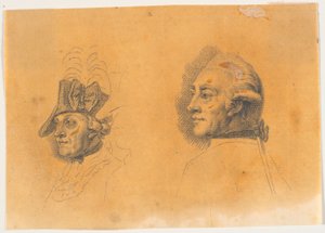 Vorarbeit zu zwei der Köpfe für den Stich: Friedrich der Große reitet nach einer Revue in Potsdam nach Hause