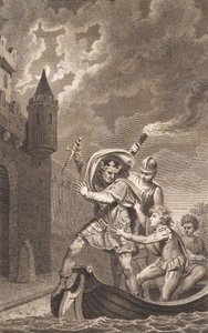 Illustration. Ein König mit erhobenem Dolch und drei Personen in einem Boot